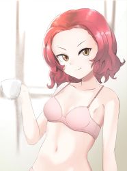 Rule 34 | 1girl, bra, brown eyes, commentary, cup, girls und panzer, highres, holding, holding cup, lace, lace-trimmed bra, lace trim, medium hair, navel, pink bra, red hair, rosehip (girls und panzer), solo, sounata (sounanmaru), tea, teacup, underwear