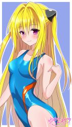 Rule 34 | 1girl, artist name, blonde hair, blue background, blue one-piece swimsuit, border, commentary request, competition swimsuit, cowboy shot, highres, konjiki no yami, long hair, looking at viewer, one-piece swimsuit, red eyes, solo, swimsuit, to love-ru, two-tone background, two side up, very long hair, white border, yuyayomi
