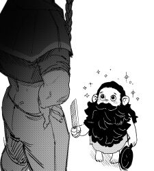 Rule 34 | 1boy, 1girl, alternate species, barefoot, beard, braid, capelet, crop top, dungeon meshi, facial hair, from above, frying pan, greyscale, halfling, hand on own hip, head out of frame, holding, holding frying pan, holding knife, hood, hood down, hooded capelet, kitchen knife, knife, korean commentary, long beard, long hair, looking at another, looking up, marcille donato, midriff, monochrome, muscular, muscular female, nutvv3, ogre, oni, pants, senshi (dungeon meshi), short sleeves, size difference, sleeveless, sparkle, standing, tunic, undersized clothes