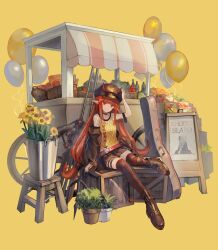 Rule 34 | 1girl, alternate costume, arknights, balloon, belt, black footwear, black hat, black jacket, cabbie hat, closed mouth, commentary request, fishnet top, fishnets, flower, full body, guitar case, hat, hemorina, highres, horns, horns through headwear, instrument case, jacket, long hair, low-tied long hair, miniskirt, nail polish, off shoulder, pleated skirt, pointy ears, red belt, red eyes, red hair, red nails, red thighhighs, simple background, sitting, skirt, smile, solo, striped clothes, striped thighhighs, tank top, thigh strap, thighhighs, very long hair, vigna (arknights), yellow background, yellow tank top