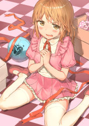 Rule 34 | 1girl, arms up, ball, blush, box, brown eyes, cardboard box, checkered floor, commentary request, dress, furrowed brow, grimace, idolmaster, idolmaster cinderella girls, idolmaster cinderella girls starlight stage, looking at viewer, mary janes, neck ribbon, on floor, open mouth, own hands together, pink dress, pink footwear, polka dot, polka dot ribbon, puffy short sleeves, puffy sleeves, red hair, red ribbon, ribbon, shirt under dress, shoes, short hair, short sleeves, shoukichi (shony), sitting, soccer ball, solo, thighhighs, wariza, white thighhighs, wing collar, yuuki haru