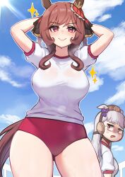 Rule 34 | 2girls, absurdres, alternate costume, annoyed, arms up, breasts, brown hair, buruma, closed mouth, cloud, commentary, dochi uma564, gentildonna (umamusume), gold ship (umamusume), hair rings, highres, horse girl, large breasts, lens flare, long hair, looking at viewer, multiple girls, red eyes, shirt, sky, smile, sweat, umamusume, white background