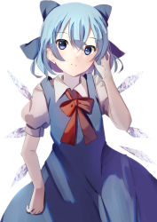 Rule 34 | 1girl, bad id, bad pixiv id, blue dress, blue eyes, blue hair, bow, cirno, cowboy shot, dress, hair between eyes, hair bow, highres, ice, ice wings, looking at viewer, natsume suzuri, puffy short sleeves, puffy sleeves, shirt, short hair, short sleeves, smile, solo, touhou, white background, white shirt, wings