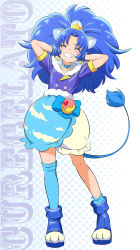Rule 34 | 10s, 1girl, ^ ^, animal ears, arms behind head, blue footwear, blue hair, blue theme, blue thighhighs, blush, boots, cat ears, cat tail, character name, choker, clenched teeth, closed eyes, cure gelato, closed eyes, food-themed hair ornament, fuchi (nightmare), hair ornament, highres, kirakira precure a la mode, lion ears, lion tail, long hair, magical girl, precure, single thighhigh, smile, solo, standing, tail, tategami aoi, teeth, thighhighs
