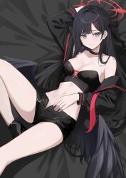 Rule 34 | 1girl, alternate costume, arm up, bandeau, bare shoulders, bed sheet, black choker, black footwear, black hair, black sailor collar, black shirt, black socks, black tube top, black wings, blue archive, blue eyes, breasts, choker, cleavage, closed mouth, commentary request, crop top, feathered wings, grey eyes, hair intakes, hair ornament, hair ribbon, hairclip, halo, high heels, highres, ichika (blue archive), knee up, latex shorts, long hair, long sleeves, looking at viewer, low wings, lying, medium breasts, midriff, navel, neckerchief, off shoulder, on back, on bed, open clothes, open fly, open shirt, parted bangs, red halo, ribbon, ryouta (ryouta335), sailor collar, shirt, short shorts, shorts, single bare shoulder, smile, socks, solo, stomach, strapless, sweatdrop, thighs, tube top, undone neckerchief, very long hair, wings