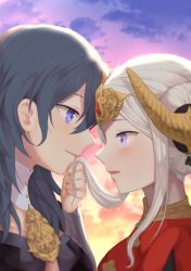 Rule 34 | 2girls, black hair, blue eyes, blush, byleth (female) (fire emblem), byleth (fire emblem), closed mouth, cloud, edelgard von hresvelg, fire emblem, fire emblem: three houses, from side, fukuroumori, gradient sky, headpiece, highres, holding another&#039;s hair, horns, long hair, looking at another, multiple girls, nintendo, outdoors, parted lips, profile, purple eyes, short hair with long locks, sidelocks, sky, smile, star (sky), upper body, white hair, yuri
