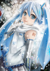 Rule 34 | 10s, 1girl, 2014, absurdres, blue eyes, blue hair, cowboy shot, detached sleeves, gloves, hatsune miku, headset, highres, huge filesize, long hair, matching hair/eyes, necktie, robert knight, scarf, signature, snowflakes, solo, tattoo, twintails, vocaloid, white scarf, yuki miku