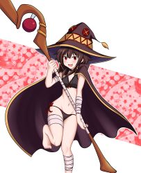 Rule 34 | 1girl, :d, absurdres, bandages, bandaged arm, bandaged leg, bandages, bikini, black bikini, black cape, black headwear, blush, bow, bow bikini, brown hair, cape, foot up, frilled bikini, frills, hat, highres, holding, holding staff, kono subarashii sekai ni shukufuku wo!, looking at viewer, megumin, open mouth, pegasus arts, red background, red bow, red eyes, short hair, short hair with long locks, sidelocks, smile, staff, standing, standing on one leg, swimsuit, white background, witch hat