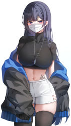 Rule 34 | 1girl, biya (1024), black hair, black jacket, blue eyes, blunt bangs, breasts, collarbone, commentary, english commentary, highres, jacket, jewelry, large breasts, long hair, looking at viewer, mask, midriff, mouth mask, navel, original, pendant, shorts, simple background, solo, stomach tattoo, tank top, tattoo, thighs, white background, white shorts, yuna (biya (1024))