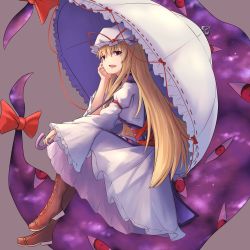 Rule 34 | 1girl, blonde hair, boots, brown footwear, commentary request, dress, fen zuo, gap (touhou), grey background, hat, hat ribbon, highres, juliet sleeves, long hair, long sleeves, looking at viewer, mob cap, open mouth, puffy sleeves, purple eyes, red ribbon, ribbon, sitting, solo, tabard, touhou, umbrella, very long hair, white dress, wide sleeves, yakumo yukari