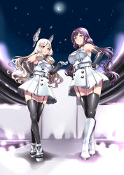 Rule 34 | 10s, 2girls, alternate legwear, belt, black legwear, blonde hair, blunt bangs, boots, buttons, choker, closed mouth, crescent moon, crossed legs, detached sleeves, double-breasted, dress, female admiral (kancolle), from below, full body, garter straps, gloves, hair ribbon, hand on own hip, hand up, headgear, hiememiko, highres, kantai collection, knee boots, long hair, looking at viewer, low twintails, matching outfits, moon, multiple girls, murakumo (kancolle), night, night sky, platform footwear, platform heels, pleated dress, purple eyes, purple hair, ribbon, shoes, sky, smile, standing, star (sky), thighhighs, toeless footwear, twintails, upskirt, watson cross, white dress, white footwear, white gloves, white hair