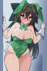 Rule 34 | 1girl, animal ears, bare shoulders, black hair, blush, borrowed character, bow, bowtie, breasts, brown eyes, cleavage, closed mouth, commentary, commission, covered navel, cowboy shot, crossed bangs, detached collar, embarrassed, fake animal ears, green bow, green bowtie, green leotard, hair between eyes, hair ornament, hands up, highleg, highleg leotard, kanayama nao, large breasts, leotard, long hair, original, pixiv commission, playboy bunny, rabbit tail, solo, split mouth, standing, strapless, strapless leotard, stroma, tail, thighs, wrist cuffs