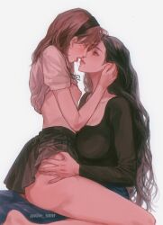 Rule 34 | 2girls, bite mark, bite mark on breast, black hair, breasts, brown hair, eye contact, highres, kim srm, long hair, looking at another, medium hair, mole, mole under mouth, multiple girls, nipples, original, parted lips, small breasts, twitter username, yuri
