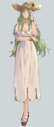 Rule 34 | 1girl, alternate costume, bow, breasts, cleavage, closed mouth, commentary, dress, english commentary, fire emblem, fire emblem: three houses, flower, forehead, full body, green eyes, green hair, grey background, hand in own hair, hand on own head, hat, hat bow, hat flower, highres, jewelry, lips, long hair, looking at viewer, medium breasts, nintendo, puffy sleeves, rhea (fire emblem), sakuremi, sandals, signature, simple background, smile, solo, straw hat, sun hat, sunflower, very long hair, white bow, white dress