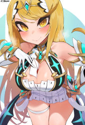 Rule 34 | 1girl, bare legs, bare shoulders, blonde hair, breasts, chest jewel, cleavage, cleavage cutout, clothing cutout, dress, earrings, elbow gloves, envelope, female focus, gloves, highres, jewelry, jtveemo, large breasts, letter, long hair, matching hair/eyes, mythra (xenoblade), nintendo, short dress, skindentation, smash ball, smile, solo, super smash bros., swept bangs, thigh strap, tiara, very long hair, white dress, white gloves, xenoblade chronicles (series), xenoblade chronicles 2, yellow eyes