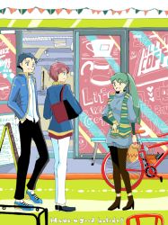 Rule 34 | 1girl, 2boys, alternate costume, automatic door, bag, bench, bicycle, black pants, blue eyes, blue footwear, blue hair, blue jacket, blue sweater, brown footwear, brown pants, chalkboard, chikuro (cicrom), contemporary, eliwood (fire emblem), english text, fire emblem, fire emblem: the blazing blade, full body, green hair, hand in pocket, handbag, hector (fire emblem), high heels, jacket, long hair, looking at another, lyn (fire emblem), multiple boys, nintendo, pants, ponytail, red hair, scarf, shoes, short hair, shoulder bag, smile, sneakers, standing, storefront, sweater, turtleneck, turtleneck sweater, white pants