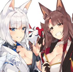 Rule 34 | 2girls, aiguillette, akagi (azur lane), animal ears, azur lane, blue eyes, blunt bangs, blush, breasts, brown hair, choker, cleavage, eyeshadow, fox ears, fox tail, gloves, hair ornament, half-closed eyes, holding, interlocked fingers, japanese clothes, kaga (azur lane), large breasts, long hair, looking at viewer, makeup, mask, multiple girls, multiple tails, parted lips, partially fingerless gloves, red eyes, shikigami, shiny skin, short hair, simple background, smile, tail, tassel, tuxedo de cat, white background, white hair, wide sleeves