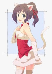Rule 34 | 10s, 1girl, :d, abancho, absurdres, animal ears, arm warmers, bad id, bad twitter id, brown eyes, brown hair, cat ears, cat tail, dress, fang, from side, fur trim, hair ribbon, highres, idolmaster, idolmaster cinderella girls, looking at viewer, looking to the side, maekawa miku, open mouth, ponytail, ribbon, short hair, sketch, smile, solo, tail, thighhighs, white thighhighs