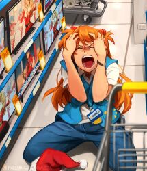 Rule 34 | 1girl, absurdres, alternate universe, angry, artist name, ayanami rei, blue pants, blue vest, christmas, closed eyes, commentary, convenience store, denim, disgust, english commentary, hands on own head, hat, highres, id card, katsuragi misato, khyle., long hair, neon genesis evangelion, on floor, open mouth, orange hair, pants, patreon logo, patreon username, rei chikita, santa hat, screaming, seiza, shirt, shop, shopping cart, short sleeves, sitting, souryuu asuka langley, television, toilet paper, vest, walmart, watch, watermark, web address, white shirt, wristwatch