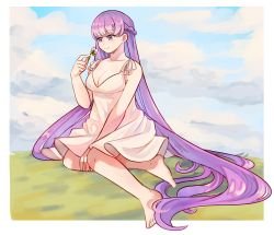 Rule 34 | 1girl, absurdly long hair, alternate costume, bare shoulders, blue sky, braid, breasts, cleavage, closed mouth, cloud, cloudy sky, commission, commissioner upload, day, dress, fire emblem, fire emblem: the binding blade, flower, french braid, grass, holding, holding flower, large breasts, long hair, mimiblargh, nintendo, purple eyes, purple hair, sky, sleeveless, sleeveless dress, smile, solo, sophia (fire emblem), sundress, very long hair