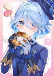 Rule 34 | !, !!, 1girl, ahoge, artist name, ascot, asymmetrical gloves, black gloves, blue ascot, blue bow, blue eyes, blue gemstone, blue hair, blue hat, blue jacket, blush, border, bow, brooch, closed mouth, commentary request, doughnut, drop-shaped pupils, eating, eyelashes, food, food on face, frilled sleeves, frills, furina (genshin impact), gem, genshin impact, gloves, hair between eyes, hair intakes, half gloves, hands up, hat, hat bow, heterochromia, highres, holding, holding food, jacket, jewelry, lapels, long sleeves, looking at viewer, mismatched gloves, mismatched pupils, mugita (mokankan), multicolored hair, open clothes, open jacket, outline, outside border, parted bangs, pink border, pink outline, short hair, sidelocks, simple background, sleeve cuffs, solo, sparkle, speech bubble, spoken exclamation mark, streaked hair, swept bangs, symbol-shaped pupils, tilted headwear, top hat, twitter username, upper body, white background, white gloves, white hair, white outline