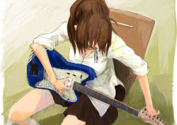 Rule 34 | 10s, 1girl, angel beats!, breasts, brown hair, cleavage, electric guitar, from above, guitar, hisako (angel beats!), instrument, mouth hold, pleated skirt, ponytail, sitting, skirt, sleeves rolled up, solo, tuning fork, uranaishi (k tatsuo)