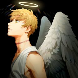 Rule 34 | 1boy, angel, angel wings, axis powers hetalia, black background, blonde hair, feathered wings, glowing, green eyes, halo, lens flare, male focus, parted lips, scar, scar on neck, short hair, sleeveless tunic, to@st, tunic, united kingdom (hetalia), upper body, white tunic, white wings, wings