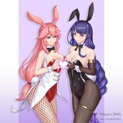 Rule 34 | 2girls, alternate costume, animal ears, bare shoulders, black bow, black bowtie, black legwear, blush, bow, bowtie, braid, breasts, cleavage, collarbone, dm (nguyen dm95), embarrassed, english text, fake animal ears, fishnet legwear, fishnets, genshin impact, hair between eyes, heart, heart hands, heart hands duo, large breasts, leotard, long hair, looking at viewer, low-braided long hair, low-tied long hair, mitsudomoe (shape), multiple girls, pantyhose, pink hair, pixiv id, playboy bunny, purple background, purple eyes, purple hair, rabbit ears, rabbit tail, raiden shogun, smile, standing, striped, striped background, tail, thigh strap, thighs, tomoe (symbol), twitter username, upper body, v-shaped eyebrows, wrist cuffs, yae miko
