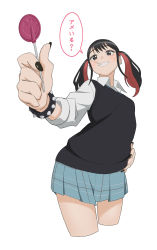 Rule 34 | 1girl, black eyes, black hair, black nails, black vest, blue skirt, bracelet, breasts, candy, collared shirt, contrapposto, cropped legs, dress shirt, ear piercing, earrings, food, from below, gyaru, hand on own hip, highres, holding, holding candy, holding food, holding lollipop, jewelry, kogal, lollipop, long hair, long sleeves, looking at viewer, miniskirt, multicolored hair, multiple earrings, multiple piercings, nail polish, peeqaboo, piercing, pleated skirt, red hair, school uniform, shiny skin, shirt, simple background, skirt, sleeves rolled up, small breasts, smile, solo, sono bisque doll wa koi wo suru, speech bubble, standing, stud earrings, sugaya nowa, thighs, twintails, two-tone hair, vest, white background, white shirt