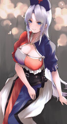 Rule 34 | 1girl, absurdres, asymmetrical clothes, blue dress, blue eyes, blurry, blush, bokeh, breasts, cleavage, cleavage cutout, clothing cutout, depth of field, dress, feet out of frame, grey hair, hat, highres, invisible chair, large breasts, looking at viewer, nurse cap, parted bangs, red dress, sitting, smile, solo, touhou, two-tone dress, yagokoro eirin, yagoro kusuriya