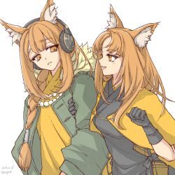 Rule 34 | 2girls, animal ear fluff, animal ears, arknights, black gloves, black kimono, bonjirix, braid, brown eyes, brown hair, capelet, character request, check character, commentary request, dated, gloves, green jacket, headphones, highres, jacket, japanese clothes, kimono, long hair, multiple girls, open clothes, open jacket, parted bangs, ratatos browntail (arknights), sciurus browntail (arknights), simple background, single braid, twitter username, very long hair, white background, yellow capelet, yellow kimono