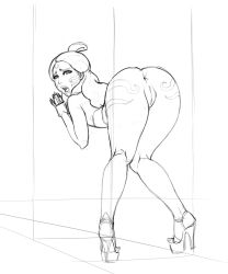 Rule 34 | 1girl, against wall, anus, ass, ass focus, bare shoulders, bent over, cleft of venus, facial mark, female focus, high heels, katara, lm (legoman), long hair, looking at viewer, looking back, monochrome, open mouth, platform footwear, platform heels, pussy, short hair, sketch, solo, tattoo, thick thighs, thighs, tribal tattoo, uncensored