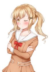 Rule 34 | 10s, 1girl, bang dream!, blonde hair, blush, bow, breasts, brown dress, brown eyes, closed mouth, collarbone, commentary request, crossed arms, dress, fingernails, hair ornament, hanasakigawa school uniform, highres, hitotsuki no yagi, ichigaya arisa, long hair, long sleeves, medium breasts, one eye closed, pleated dress, red bow, sailor collar, sailor dress, school uniform, sidelocks, simple background, solo, standing, twintails, white background, white sailor collar, x hair ornament