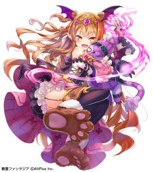 Rule 34 | 1girl, animal hands, animal print, bare shoulders, bat wings, belt, brown hair, butterfly print, claw (weapon), detached sleeves, dress, energy, fangs, fantasy, from below, full body, garter straps, hair ornament, head wings, heart, hugging object, kanipanda, long hair, looking at viewer, looking down, open mouth, original, pointy ears, purple dress, purple thighhighs, simple background, skull hair ornament, sleeveless, sleeveless dress, solo, spider web print, stuffed animal, stuffed toy, thighhighs, tiara, two side up, underbust, vampire, very long hair, weapon, white background, wings, yellow eyes, zettai ryouiki, zipper