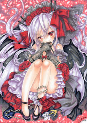 Rule 34 | 1girl, azur lane, bare shoulders, bat wings, black dress, black footwear, blood, blush, bow, chain, closed mouth, commentary request, dated, dress, elbow gloves, fang, fang out, flower, gloves, grey gloves, grey wings, hair between eyes, hair bow, hair flower, hair ornament, head tilt, long hair, looking at viewer, low wings, mosho, red bow, red eyes, red flower, red rose, rose, shoes, signature, silver hair, smile, solo, vampire (azur lane), vampire (eloi&#039;s blessing) (azur lane), very long hair, white bow, white flower, white rose, wings