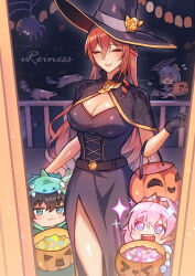 Rule 34 | &gt; &lt;, 1boy, 3girls, :d, absurdres, aged down, animal, animal ears, artist name, blush, breasts, candy, cleavage, closed eyes, closed mouth, dan heng (honkai: star rail), dress, food, gloves, hair between eyes, halloween, halloween costume, hat, highres, himeko (honkai: star rail), honkai: star rail, honkai (series), jack-o&#039;-lantern, large breasts, long hair, march 7th (honkai: star rail), multiple girls, night, open mouth, pink hair, pumpkin, raccoon, raccoon ears, raccoon tail, raion rennes, red hair, short hair, smile, sparkle, standing, stelle (honkai: star rail), tail, trailblazer (honkai: star rail), witch hat
