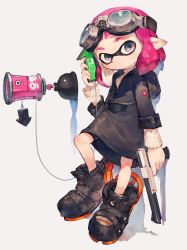 Rule 34 | 1girl, bike shorts, blue eyes, blunt bangs, boots, full body, goggles, goggles on head, inkling, inkling girl, inkling player character, jacket, long sleeves, looking at viewer, mask, nintendo, pink hair, pointy ears, simple background, solo, sweater, tentacle hair, toridamono, turtleneck, turtleneck sweater, white background