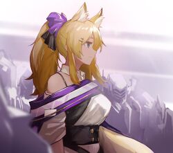 Rule 34 | 1girl, animal ear fluff, animal ears, arknights, black bow, blonde hair, blurry, blurry background, bow, commentary, detached collar, dress, extra ears, from side, grey background, hair bow, highres, horse ears, horse girl, knight, looking afar, official alternate costume, ponytail, profile, purple bow, purple eyes, purple sash, ruyu (txzy22), sash, smile, solo, upper body, whislash (arknights), whislash (glory purple) (arknights), white dress