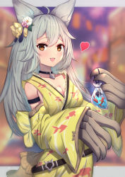 Rule 34 | 1girl, animal ears, animal print, arm strap, bag, bagged fish, belt, black collar, blush, breasts, claw (weapon), claws, cleavage, collar, collarbone, commentary request, detached sleeves, erune, fang, fish, fish print, flower, goldfish, granblue fantasy, grey hair, hair between eyes, hair flower, hair ornament, heart, highres, japanese clothes, kimono, large breasts, long hair, long sleeves, looking at viewer, open mouth, sen (granblue fantasy), smile, solo, standing, uneg, weapon, yellow kimono, yukata