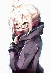 Rule 34 | 1girl, ahoge, artist name, artoria pendragon (all), artoria pendragon (fate), black-framed eyewear, blonde hair, braid, coat, covered mouth, dated, fate/grand order, fate (series), film grain, from side, glasses, hair between eyes, hair bun, hand up, highres, mysterious heroine x alter (fate), mysterious heroine x alter (first ascension) (fate), nakatokung, saber (fate), semi-rimless eyewear, sidelocks, signature, simple background, single hair bun, solo, under-rim eyewear, upper body, white background, yellow eyes