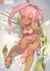 Rule 34 | 1girl, arrow (projectile), blush, bow (weapon), breasts, center opening, commentary, completion time, cra (wakfu), dark-skinned female, dark elf, dark skin, dress, elf, english commentary, fingerless gloves, flower, gloves, halter dress, halterneck, holding, holding weapon, long hair, long pointy ears, looking at viewer, making-of available, nail polish, on ground, patreon username, pink dress, pink eyes, pink hair, pink nails, pink theme, pointy ears, quiver, redrawn, revision, sandals, side-tie dress, sitting, small breasts, solo, textless version, toenails, updo, wakfu, watermark, weapon, web address, xaxaxa