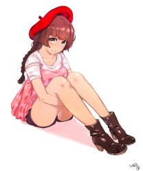 Rule 34 | 1girl, absurdres, ankle boots, bad id, bad twitter id, beret, boots, braid, breasts, brown footwear, brown hair, camisole, camisole over clothes, collarbone, dated, floral print, full body, hat, hieung, highres, hugging own legs, long hair, looking at viewer, medium breasts, original, parted lips, pink hair, shadow, shirt, short shorts, shorts, signature, simple background, sitting, smile, solo, teeth, thighs, white background, white shirt