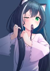 Rule 34 | 1girl, adjusting hair, animal ear fluff, animal ears, bad id, bad pixiv id, black hair, blush, cat ears, green eyes, hair tie, hair tie in mouth, highres, karyl (princess connect!), long hair, long sleeves, looking at viewer, low twintails, mouth hold, multicolored hair, one eye closed, princess connect!, ribbon, ribbon in mouth, simple background, solo, streaked hair, tamariyazuna, twintails, tying hair, upper body, very long hair, white hair, wide sleeves