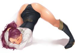 Rule 34 | 1girl, absurdres, blush, female focus, fire emblem, fire emblem: three houses, full body, highres, jack-o&#039; challenge, kahun9893, looking at viewer, nintendo, one eye closed, petra macneary, purple hair, simple background, solo, white background