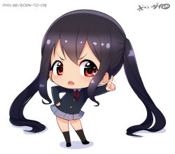 Rule 34 | 1girl, black hair, black thighhighs, born-to-die, chibi, female focus, full body, k-on!, long hair, long sleeves, long twintails, nakano azusa, no nose, open mouth, school uniform, shoes, signature, simple background, skirt, socks, solo, thighhighs, twintails, watermark, web address, white background, zettai ryouiki