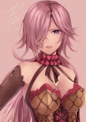 Rule 34 | 1girl, black gloves, breasts, choker, cinderella (sinoalice), cleavage, dark skin, dark-skinned female, elbow gloves, gloves, hair over one eye, hinata mizuiro, large breasts, looking at viewer, open mouth, parted lips, pink background, ponytail, ribbon, signature, simple background, sinoalice, solo, teeth