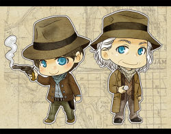 Rule 34 | 2boys, animification, back to the future, blue eyes, brown hair, chibi, emmett brown, gun, hat, male focus, marty mcfly, mayu (airmods), multiple boys, smile, weapon, white hair