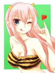 Rule 34 | 1girl, ;q, animal print, bare arms, bare shoulders, bikini, bra, breasts, cleavage, collarbone, cone horns, cosplay, female focus, green background, grey eyes, grey nails, heart, horns, kazzha, large breasts, long hair, looking at viewer, lum, lum (cosplay), m/, megurine luka, nail polish, neck, one eye closed, oni, pink hair, pointy ears, solo, strapless, strapless bra, swimsuit, tiger print, tongue, tongue out, underwear, upper body, urusei yatsura, vocaloid, wink
