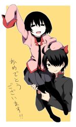 Rule 34 | 1boy, 1girl, :d, ahoge, araragi koyomi, arms up, black eyes, black hair, black jacket, black necktie, black pantyhose, black skirt, black undershirt, bob cut, breasts, carrying, closed mouth, commentary, congratulations, cropped torso, empty eyes, full body, gakuran, hair between eyes, hair over one eye, hand on another&#039;s head, hand rest, hands on another&#039;s leg, jacket, juliet sleeves, long sleeves, looking at viewer, monogatari (series), naoetsu high school uniform, narrowed eyes, necktie, no shoes, open mouth, oshino ougi, outside border, pale skin, pantyhose, pink shirt, pleated skirt, puffy sleeves, school uniform, shirt, short hair, shoutai (mtj5n), simple background, sitting on shoulder, skirt, sleeves past fingers, sleeves past wrists, small breasts, smile, translated, turtleneck, very long sleeves, yellow background