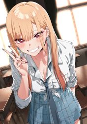 Rule 34 | 1girl, arm behind back, blonde hair, breasts, choker, classroom, cleavage, collared shirt, cowboy shot, curtains, desk, ear piercing, grin, hand up, highres, ice reizou, kitagawa marin, long hair, looking at viewer, medium breasts, necktie, piercing, pink eyes, pleated skirt, school desk, shirt, skirt, smile, solo, sono bisque doll wa koi wo suru, tied shirt, v, window